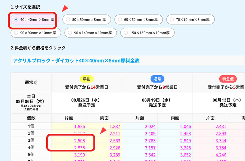 料金表から納期と数量を選んで金額をクリックします