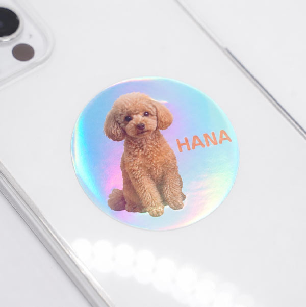 スマホに貼った、犬の写真と名前入りの丸形オーロラシール