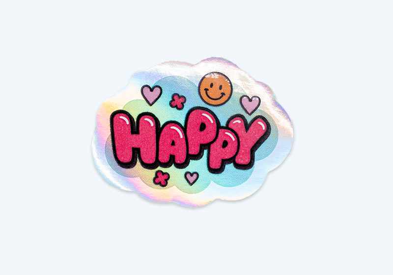 「HAPPY」のロゴの形にカットしたアンダーホロステッカー