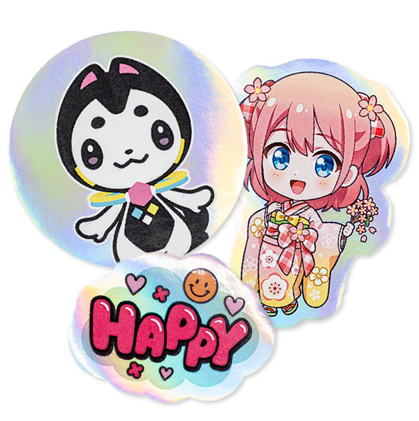キャラクターや着物の女の子、「HAPPY」のロゴを印刷した、アンダーホロのオーロラシールの作例