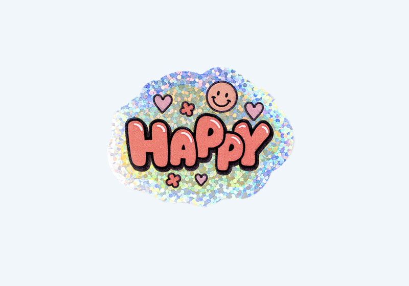 「HAPPY」のロゴの形にカットしたアンダーホロ・ドットステッカー