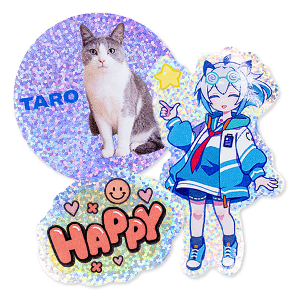 猫の写真やキャラクター、「HAPPY」のロゴを印刷した、アンダーホロのドットシールの作例