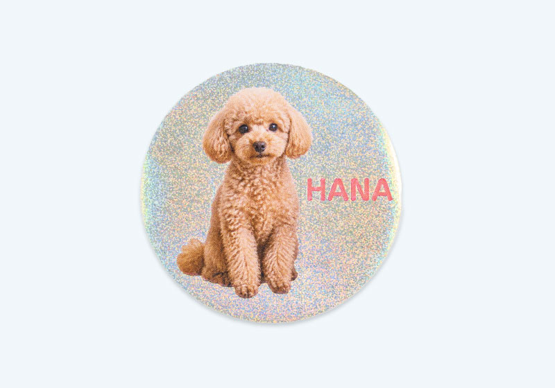 犬の写真と名前「HANA」を入れた丸形のアンダーホロ・ドット（細）シール