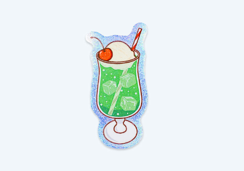 クリームソーダのイラストの形にカットしたアンダーホロ・ドット（細）ステッカー