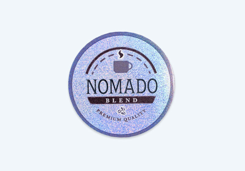 コーヒーブランドのロゴを印刷した丸形のアンダーホロ・ドット（細）シール